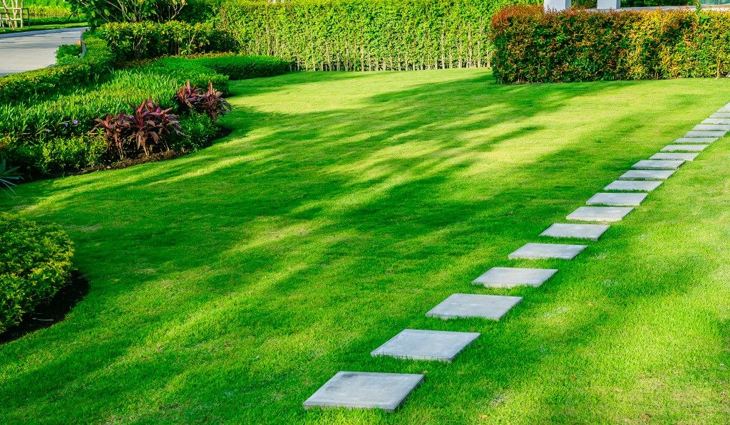 green lawn with garden and pathway