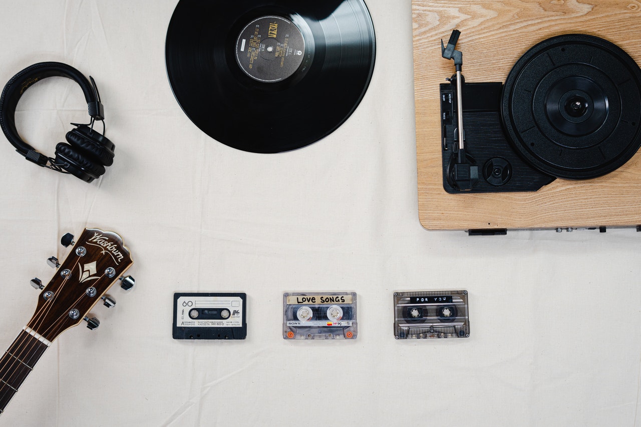 guitar cassette tapes record and record player